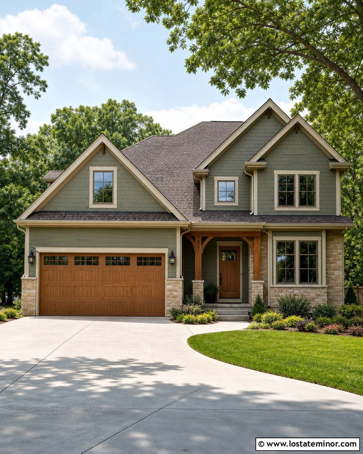 Moss Green House With Wood Look Steel Garage Door - 30 Moss Green House Design With Garage Door Ideas
