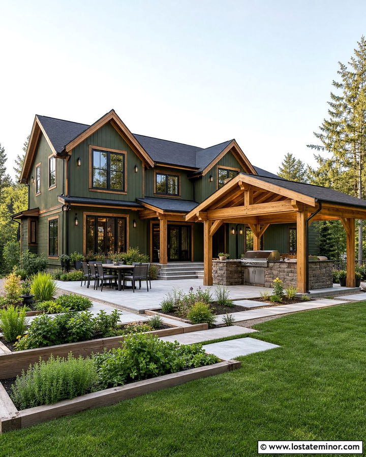 Moss Green House With Wood Trim And Outdoor Kitchen - 30 Moss Green House Design With Backyard Ideas