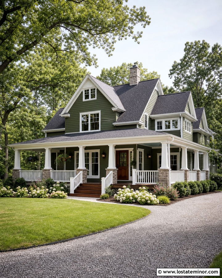 Moss Green House With Wraparound Porch Railings - 30 Moss Green House Design With Railings Ideas