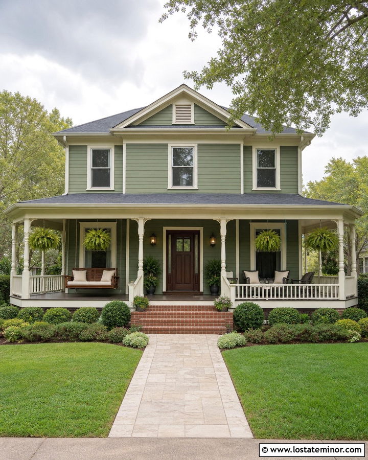 Moss Green House With Wraparound Porch Swing - 30 Moss Green House Design With Swing Ideas