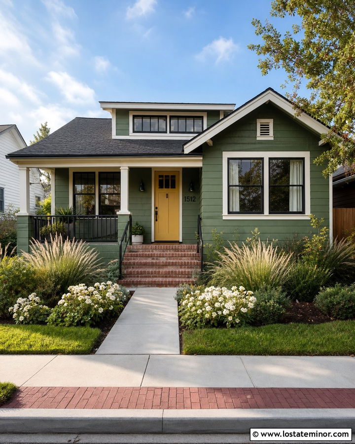 Moss Green House With Yellow Door And Black Numbers - 30 Moss Green House Design With House Numbers Ideas