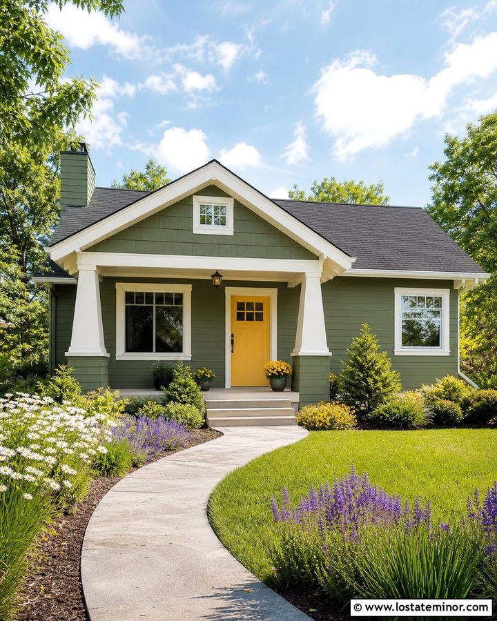 Moss Green House With Yellow Front Door - 30 Moss Green House Design With Front Yard Ideas
