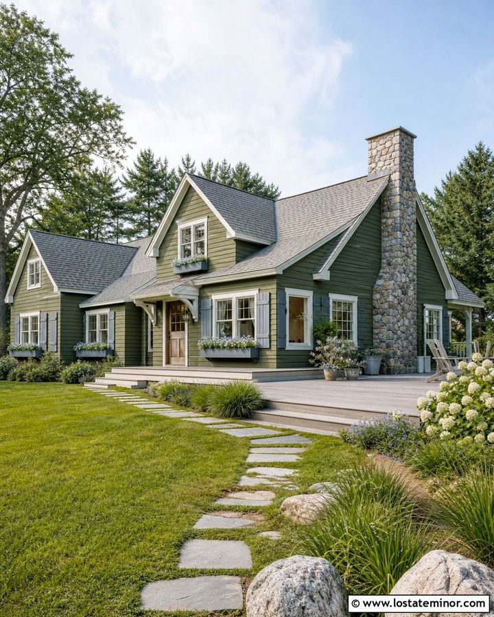 Moss Green Lake House With Blue Gray Window Boxes - 30 Moss Green House Design With Window Boxes Ideas