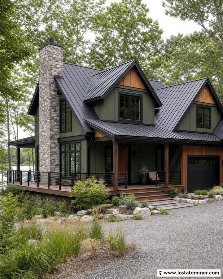 Moss Green Lake House With Espresso Trim - 30 Moss Green House Design With Trim Ideas