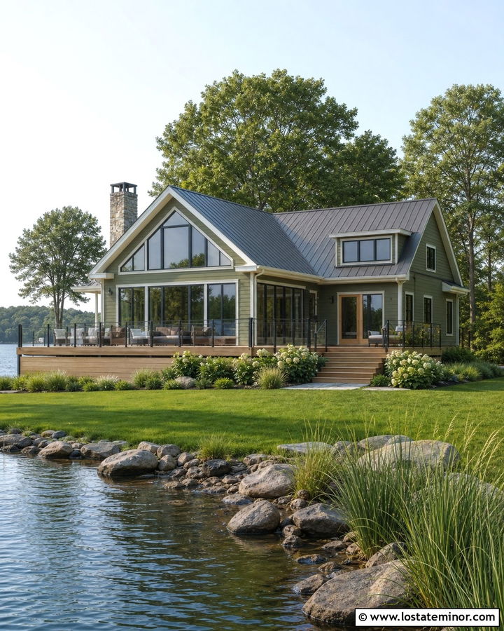 Moss Green Lake House With Glass Railings - 30 Moss Green House Design With Railings Ideas
