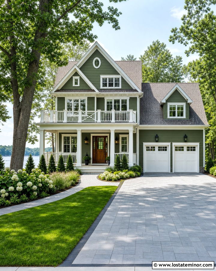 Moss Green Lake House With Gray Paver Driveway - 30 Moss Green House Design With Driveway Ideas