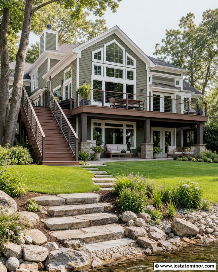Moss Green Lake House With Raised Deck - 30 Moss Green House Design With Backyard Ideas