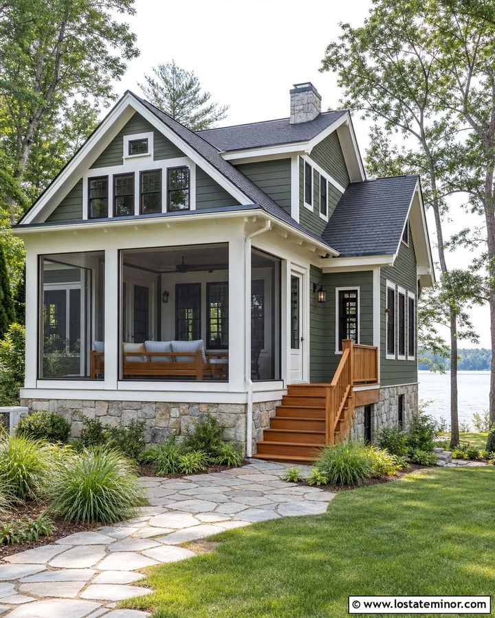 Moss Green Lake House With Screened Daybed Porch - 30 Moss Green House Design With Daybed Ideas