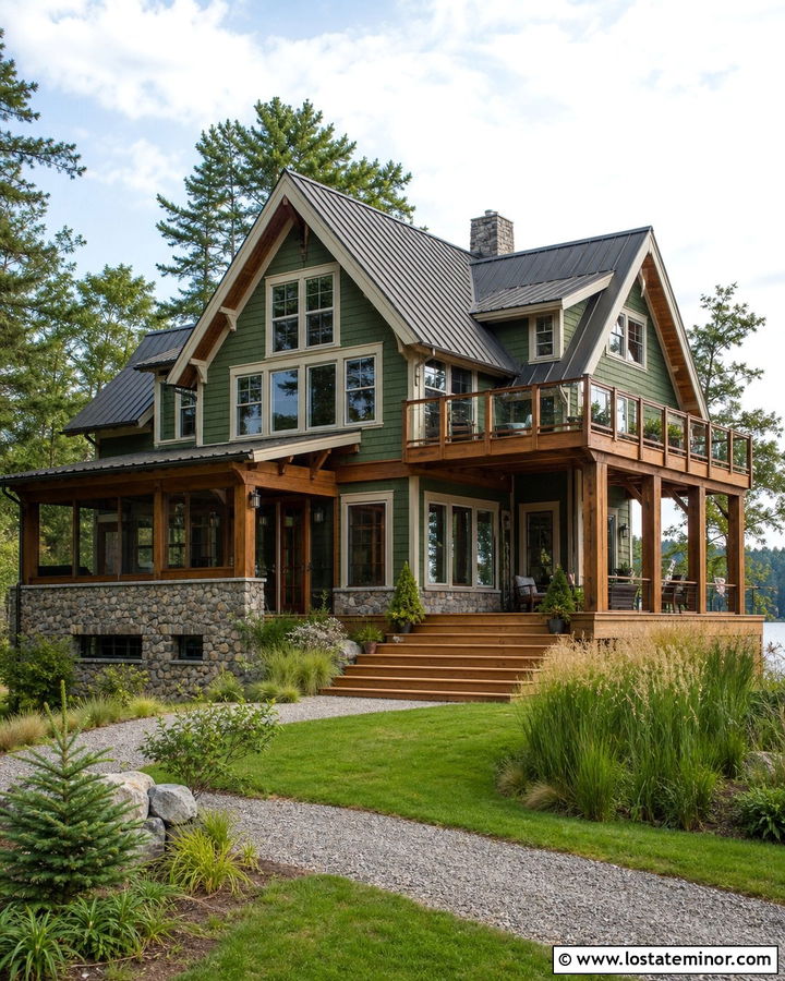 Moss Green Lake House With Stone Foundation - 30 Moss Green House Design With Stone Accents Ideas