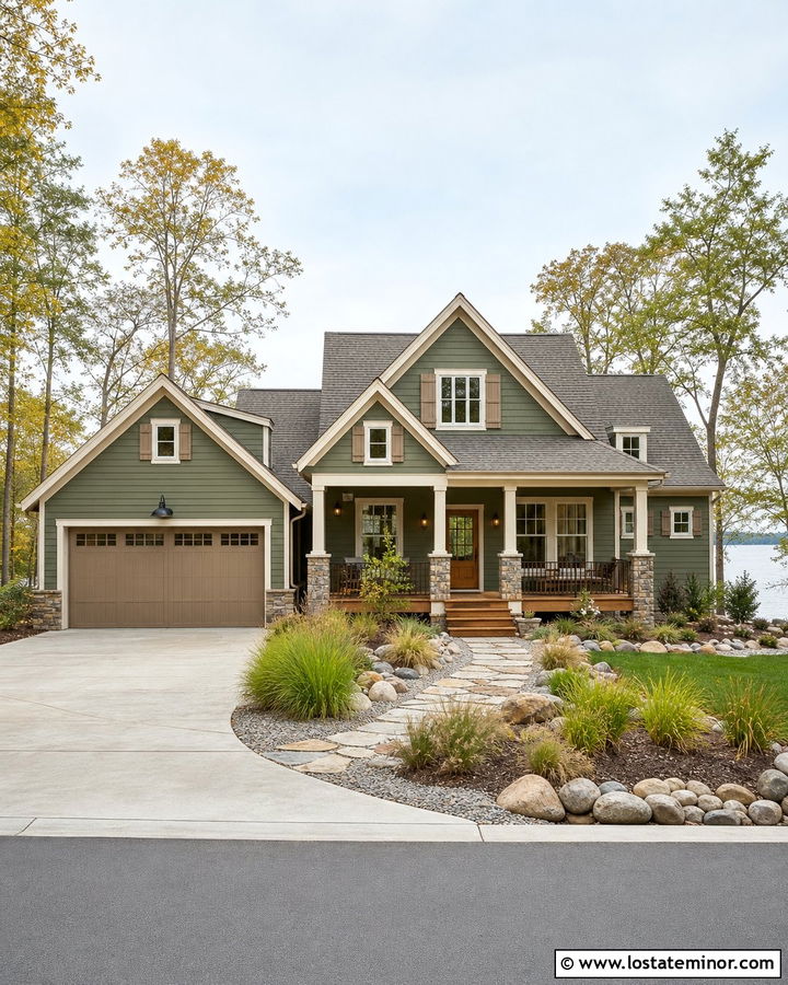 Moss Green Lake House With Taupe Shutters - 30 Moss Green House Design With Shutters Ideas