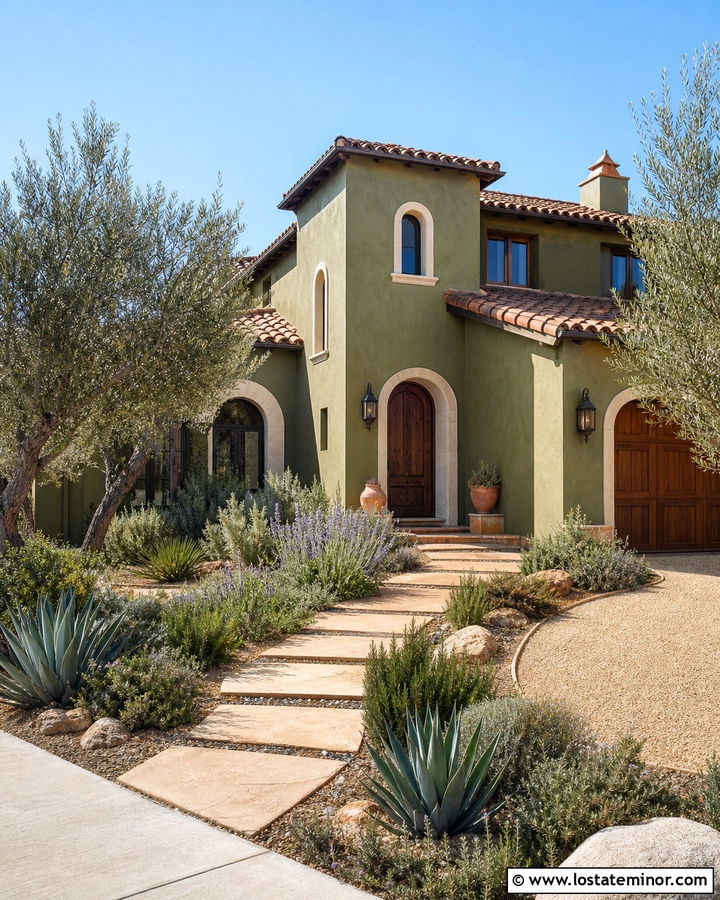 Moss Green Mediterranean House With Terracotta Landscaping - 30 Moss Green House Design With Landscaping Ideas
