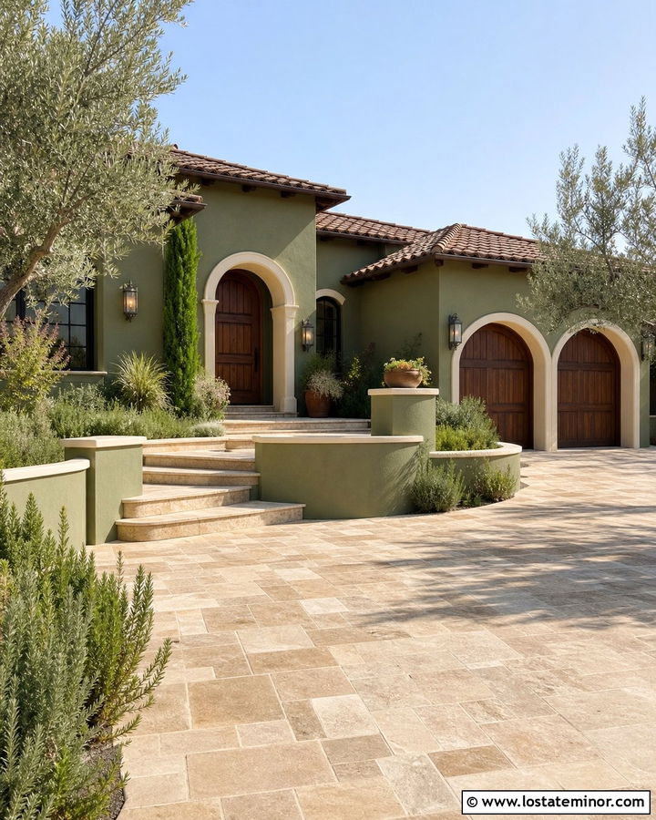 Moss Green Mediterranean House With Travertine Driveway - 30 Moss Green House Design With Driveway Ideas