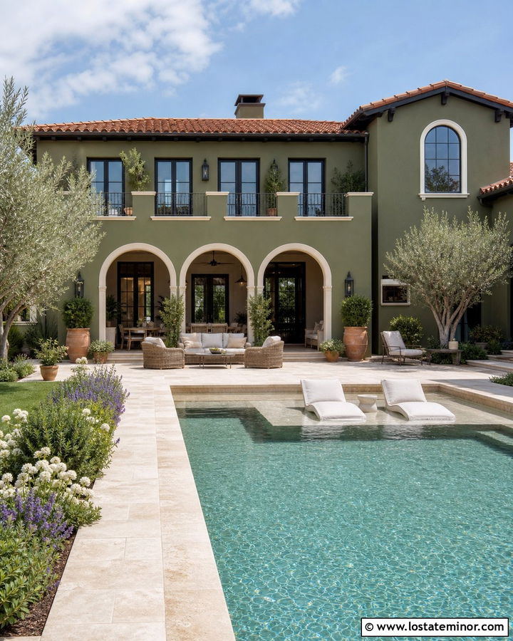 Moss Green Mediterranean House With Travertine Pool - 30 Moss Green House Design With Swimming Pool Ideas