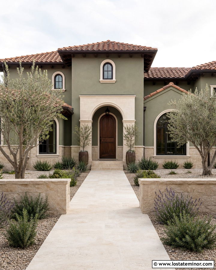 Moss Green Mediterranean House With Travertine Wainscoting - 30 Moss Green House Design With Wainscoting Ideas