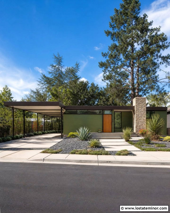 Moss Green Mid Century House With Cantilevered Carport - 30 Moss Green House Design With Carport Ideas