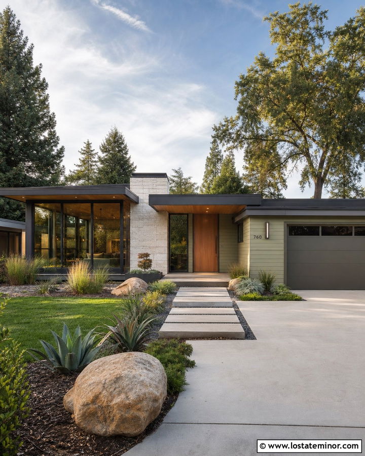 Moss Green Mid Century House With Flat Roof Sunroom - 30 Moss Green House Design With Sunroom Ideas