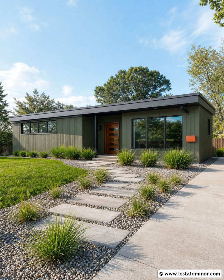 Moss Green Mid Century House With Orange Mailbox - 30 Moss Green House Design With Mailbox Ideas