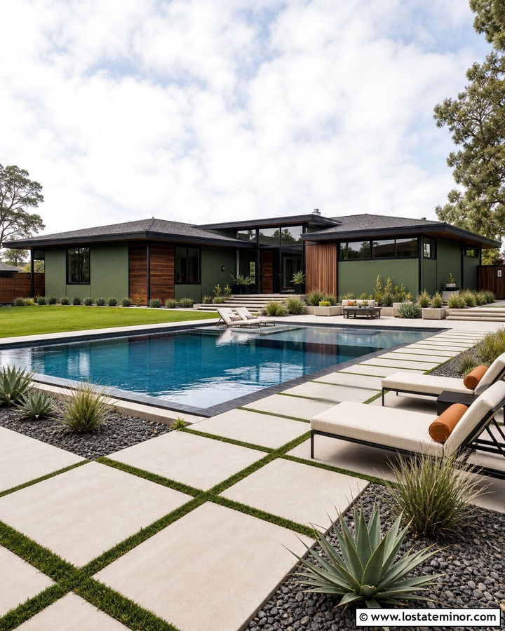 Moss Green Midcentury House With Geometric Pool - 30 Moss Green House Design With Swimming Pool Ideas