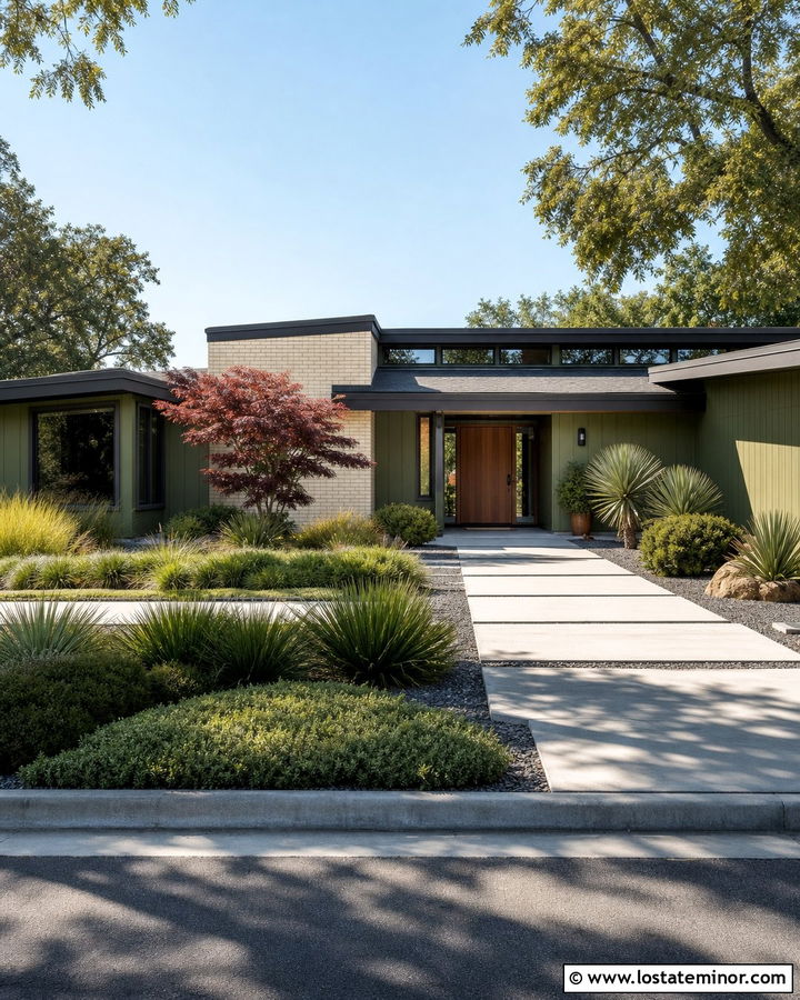 Moss Green Midcentury House With Horizontal Planting - 30 Moss Green House Design With Front Yard Ideas