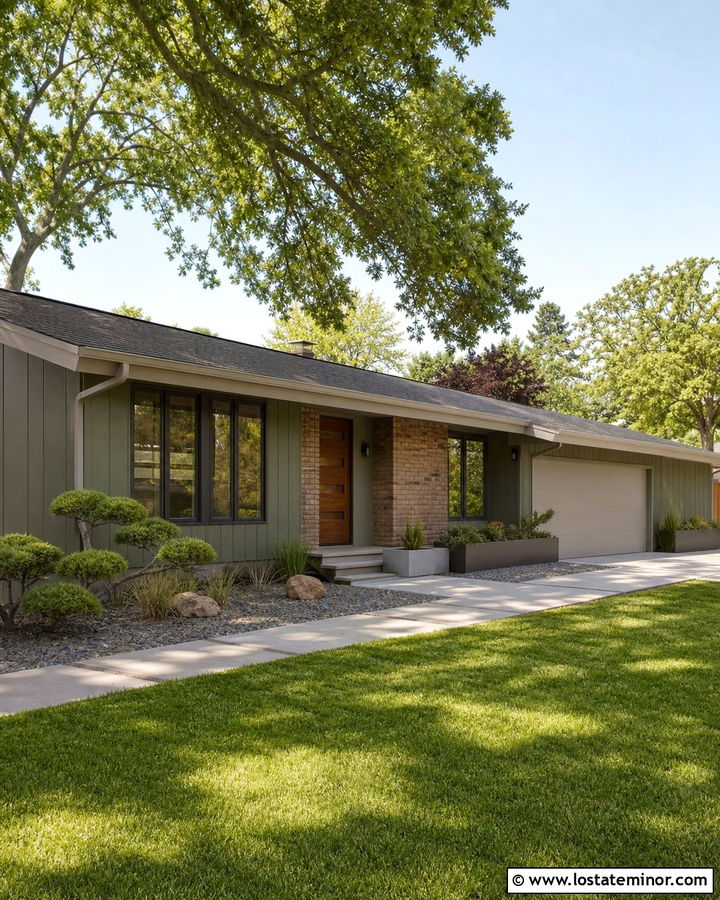 Moss Green Midcentury House With Mushroom Trim - 30 Moss Green House Design With Trim Ideas