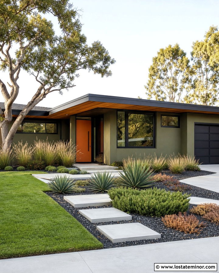 Moss Green Midcentury House With Orange Door Landscaping - 30 Moss Green House Design With Landscaping Ideas