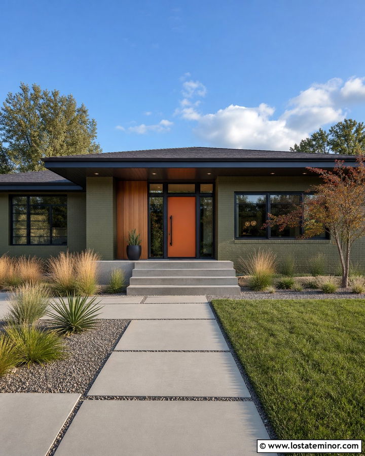 Moss Green Midcentury House With Orange Door - 30 Moss Green House Design With Accents Ideas