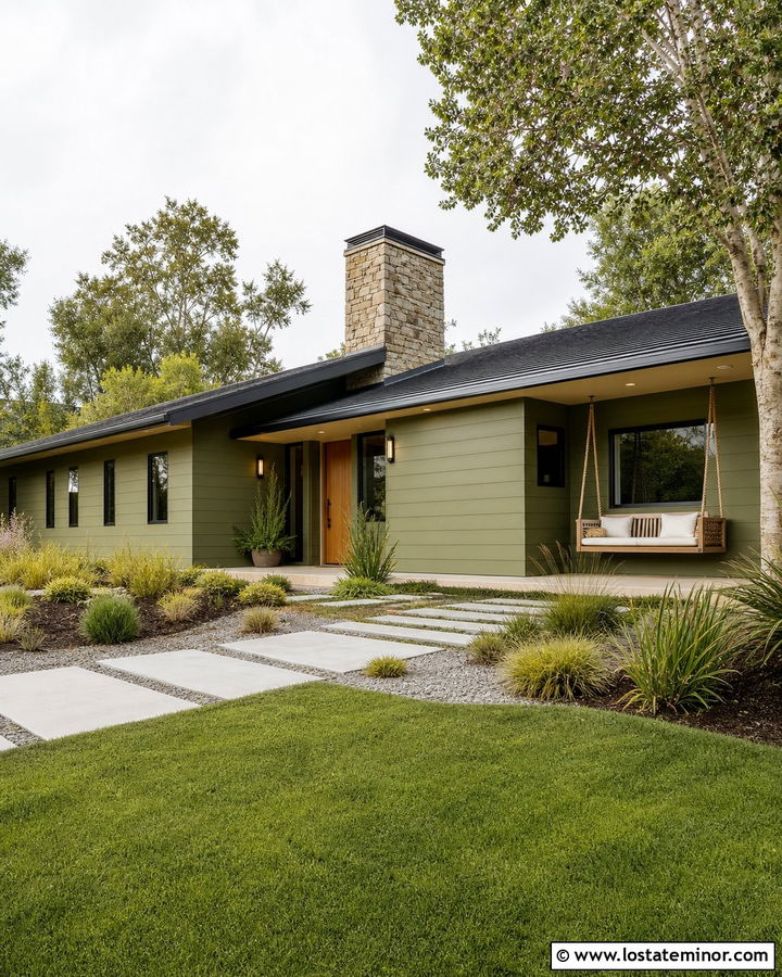 Moss Green Midcentury House With Rope Swing - 30 Moss Green House Design With Swing Ideas