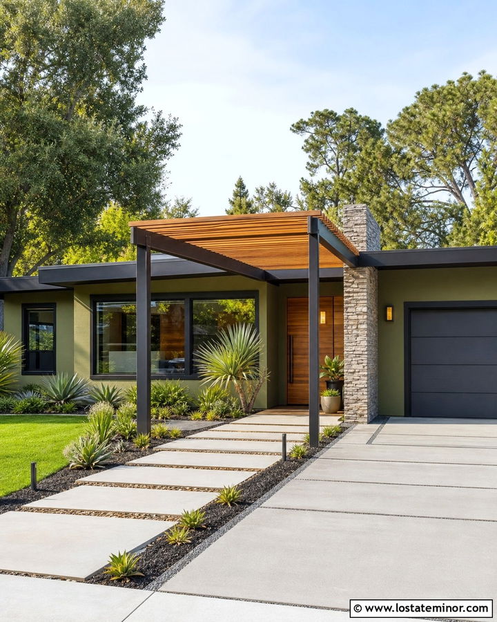 Moss Green Midcentury House With Slatted Pergola - 30 Moss Green House Design With Pergola Ideas