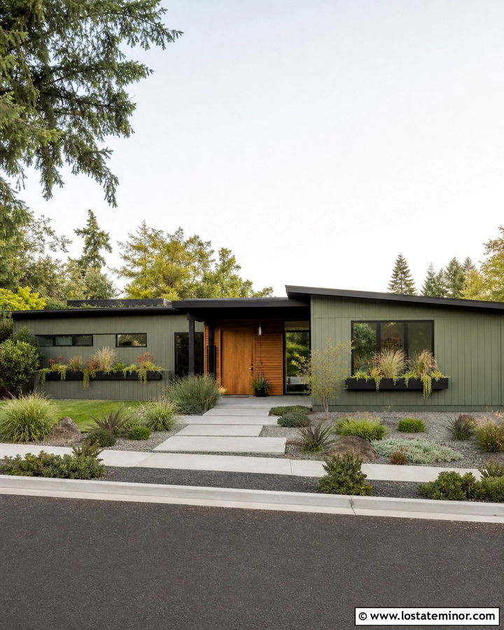 Moss Green Midcentury Modern With Black Window Boxes - 30 Moss Green House Design With Window Boxes Ideas