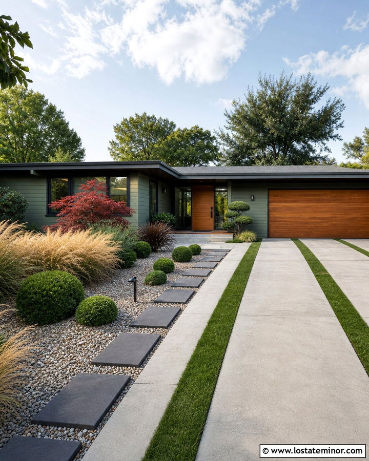 Moss Green Midcentury Modern With Ribbon Driveway - 30 Moss Green House Design With Driveway Ideas