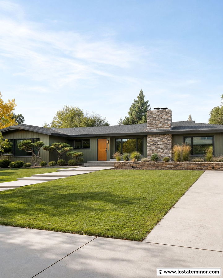 Moss Green Midcentury Ranch With Stone Chimney - 30 Moss Green House Design With Stone Accents Ideas