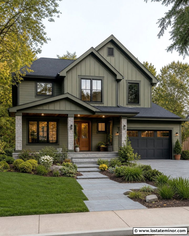 Moss Green Mixed Siding With Matching Trim - 30 Moss Green House Design With Siding Ideas