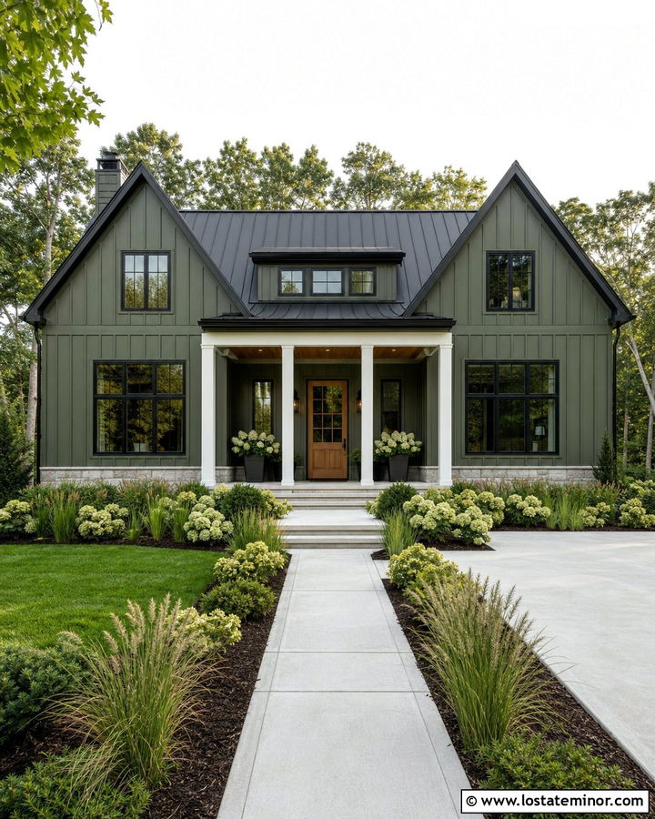Moss Green Modern Farmhouse With Black Roof - 30 Moss Green House Design With Accents Ideas