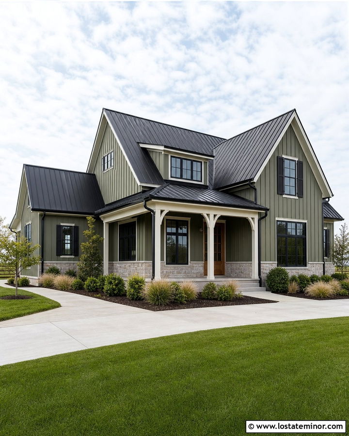Moss Green Modern Farmhouse With Black Shutters - 30 Moss Green House Design With Shutters Ideas