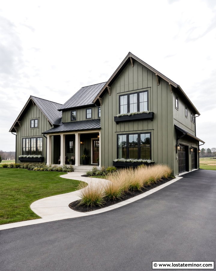 Moss Green Modern Farmhouse With Black Window Boxes - 30 Moss Green House Design With Window Boxes Ideas