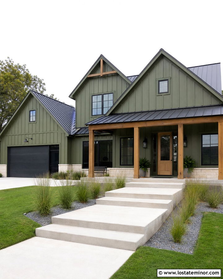 Moss Green Modern Farmhouse With Wood Porch Columns - 30 Moss Green House Design With Porch Columns Ideas