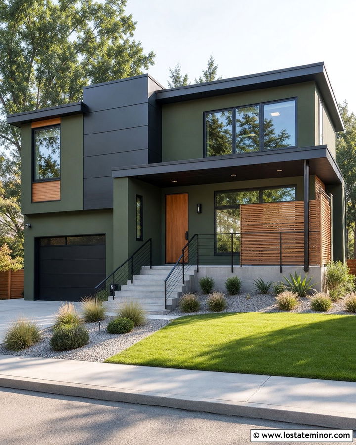 Moss Green Modern House With Black Metal Railings - 30 Moss Green House Design With Railings Ideas