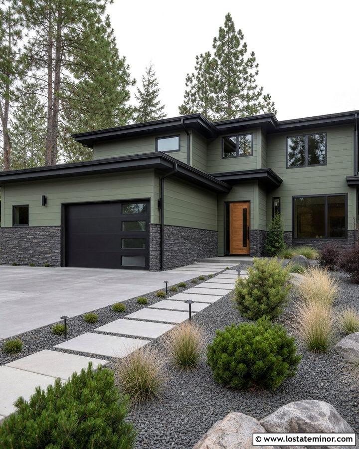 Moss Green Modern House With Charcoal Stone Wainscoting - 30 Moss Green House Design With Wainscoting Ideas
