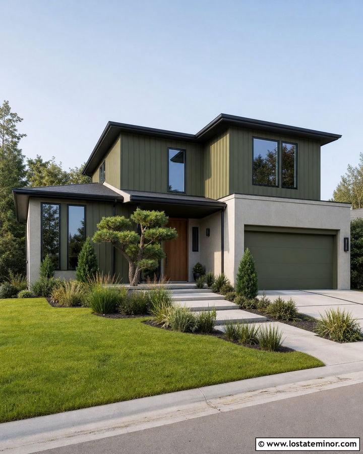 Moss Green Modern House With Concrete And Wood - 30 Moss Green House Design With Accents Ideas