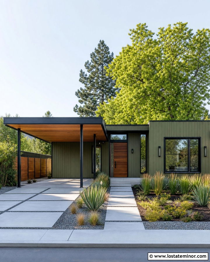 Moss Green Modern House With Flat Roof Carport - 30 Moss Green House Design With Carport Ideas