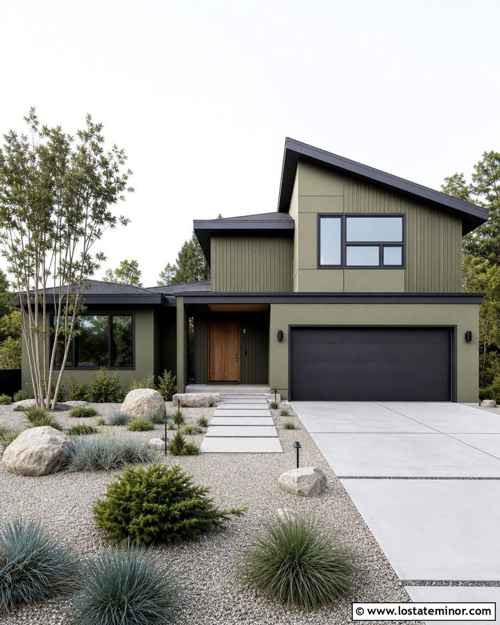 Moss Green Modern House With Gravel Garden - 30 Moss Green House Design With Front Yard Ideas