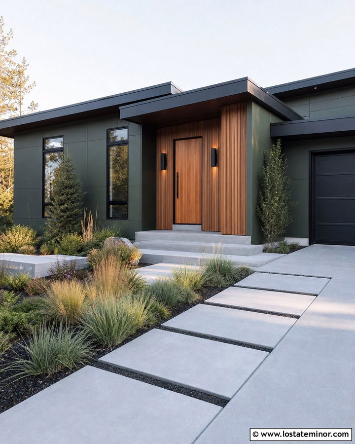 Moss Green Modern House With Matte Black Sconces - 30 Moss Green House Design With Light Fixtures Ideas