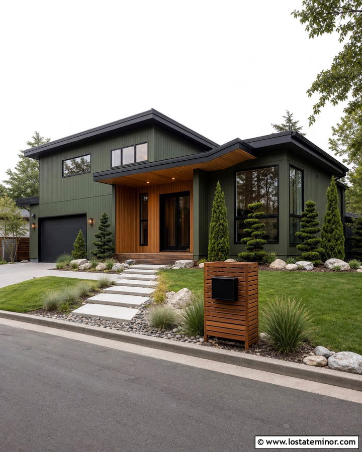 Moss Green Modern House With Wood Mailbox - 30 Moss Green House Design With Mailbox Ideas
