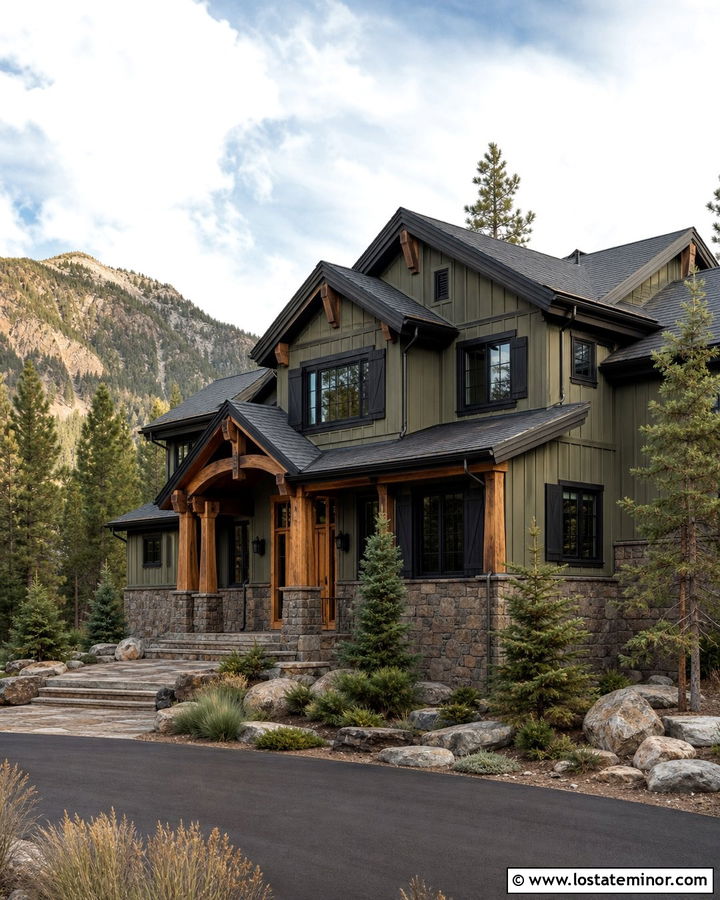 Moss Green Mountain House With Black Shutters - 30 Moss Green House Design With Shutters Ideas