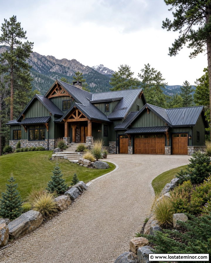 Moss Green Mountain House With Boulder Edged Driveway - 30 Moss Green House Design With Driveway Ideas