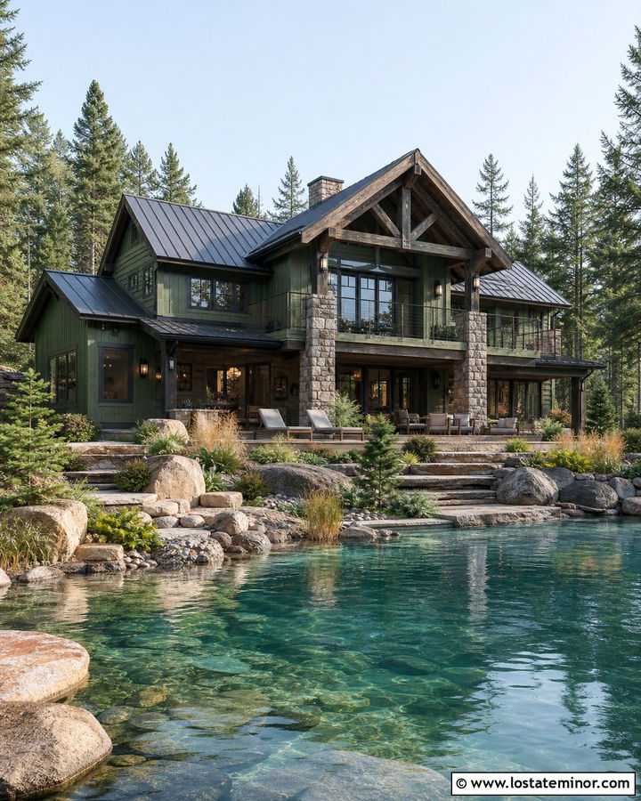 Moss Green Mountain House With Natural Pool - 30 Moss Green House Design With Swimming Pool Ideas