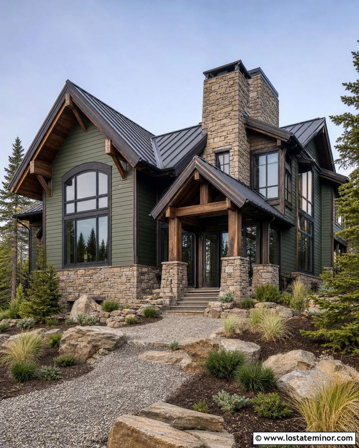 Moss Green Mountain House With Stacked Stone - 30 Moss Green House Design With Stone Accents Ideas