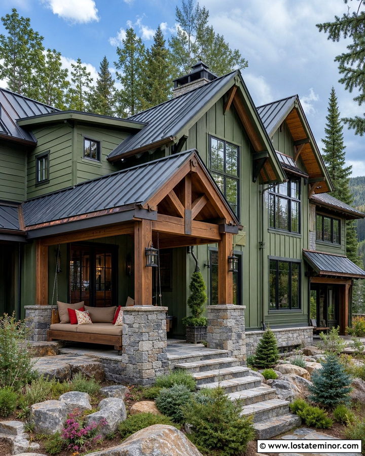 Moss Green Mountain House With Stone Daybed Nook - 30 Moss Green House Design With Daybed Ideas