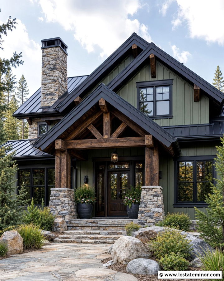 Moss Green Mountain House With Stone Front Porch - 30 Moss Green House Design With Front Porch Ideas