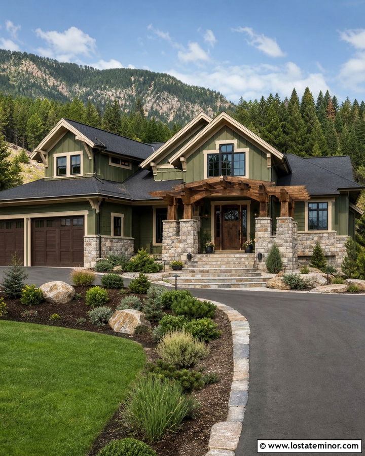 Moss Green Mountain House With Stone Pergola Columns - 30 Moss Green House Design With Pergola Ideas
